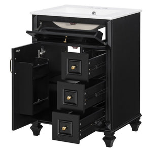 English Elm 24 Inch Freestanding Bathroom Vanity Rubberwood Cabinet with Ceramic Sink and Flip Drawer Black N725P499706B