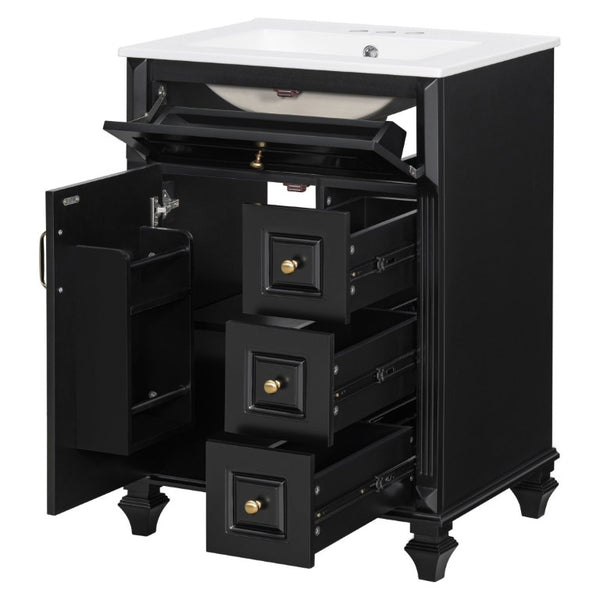 English Elm 24 Inch Freestanding Bathroom Vanity Rubberwood Cabinet with Ceramic Sink and Flip Drawer Black N725P499706B