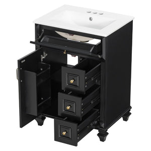 English Elm 24 Inch Freestanding Bathroom Vanity Rubberwood Cabinet with Ceramic Sink and Flip Drawer Black N725P499706B