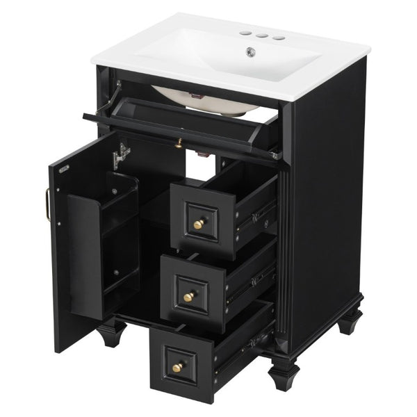 English Elm 24 Inch Freestanding Bathroom Vanity Rubberwood Cabinet with Ceramic Sink and Flip Drawer Black N725P499706B