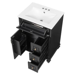 English Elm 24 Inch Freestanding Bathroom Vanity Rubberwood Cabinet with Ceramic Sink and Flip Drawer Black N725P499706B