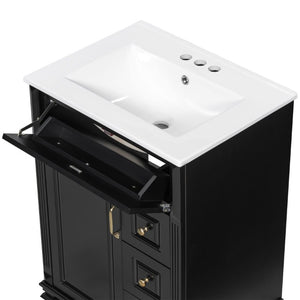 English Elm 24 Inch Freestanding Bathroom Vanity Rubberwood Cabinet with Ceramic Sink and Flip Drawer Black N725P499706B