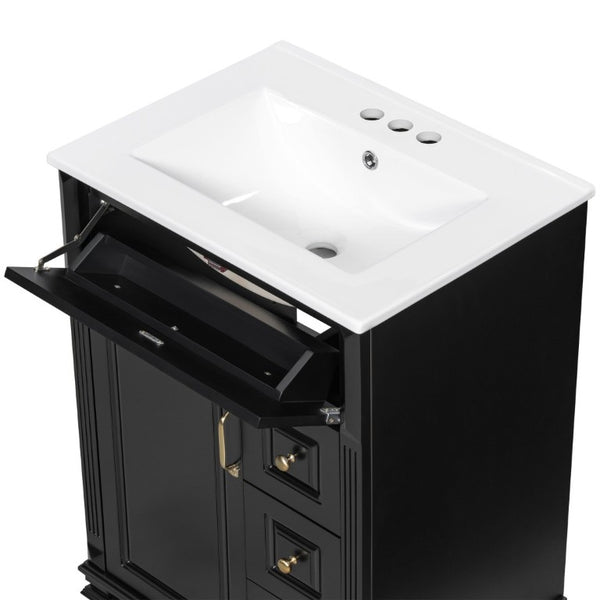English Elm 24 Inch Freestanding Bathroom Vanity Rubberwood Cabinet with Ceramic Sink and Flip Drawer Black N725P499706B