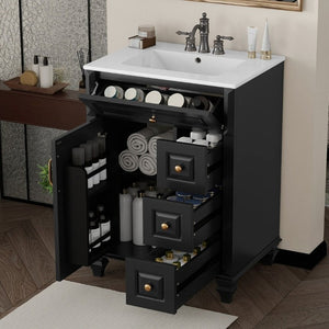 English Elm 24 Inch Freestanding Bathroom Vanity Rubberwood Cabinet with Ceramic Sink and Flip Drawer Black N725P499706B