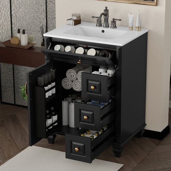 English Elm 24 Inch Freestanding Bathroom Vanity Rubberwood Cabinet with Ceramic Sink and Flip Drawer Black N725P499706B