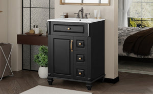 English Elm 24 Inch Freestanding Bathroom Vanity Rubberwood Cabinet with Ceramic Sink and Flip Drawer Black N725P499706B