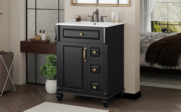 English Elm 24 Inch Freestanding Bathroom Vanity Rubberwood Cabinet with Ceramic Sink and Flip Drawer Black N725P499706B