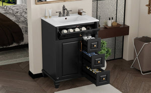 English Elm 24 Inch Freestanding Bathroom Vanity Rubberwood Cabinet with Ceramic Sink and Flip Drawer Black N725P499706B