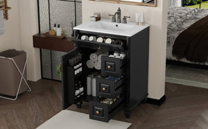 English Elm 24 Inch Freestanding Bathroom Vanity Rubberwood Cabinet with Ceramic Sink and Flip Drawer Black N725P499706B