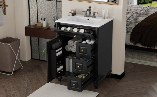 English Elm 24 Inch Freestanding Bathroom Vanity Rubberwood Cabinet with Ceramic Sink and Flip Drawer Black N725P499706B