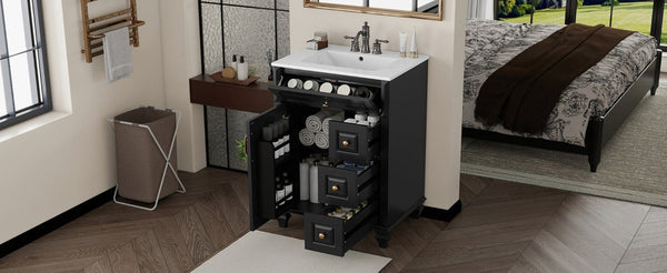 English Elm 24 Inch Freestanding Bathroom Vanity Rubberwood Cabinet with Ceramic Sink and Flip Drawer Black N725P499706B