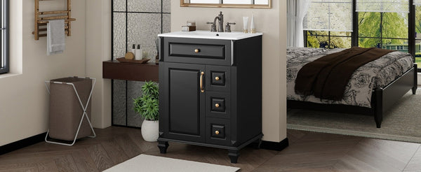English Elm 24 Inch Freestanding Bathroom Vanity Rubberwood Cabinet with Ceramic Sink and Flip Drawer Black N725P499706B