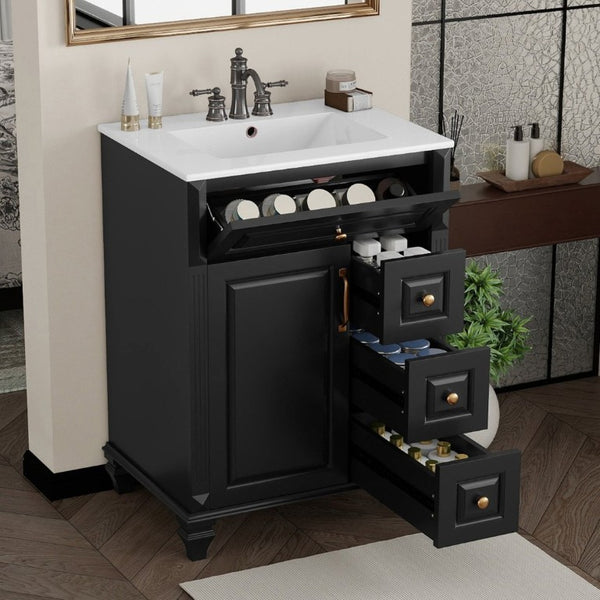 English Elm 24 Inch Freestanding Bathroom Vanity Rubberwood Cabinet with Ceramic Sink and Flip Drawer Black N725P499706B