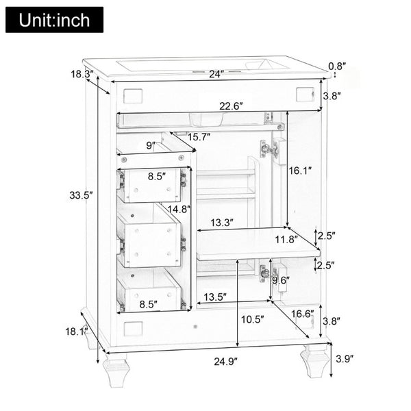 English Elm 24 Inch Freestanding Bathroom Vanity Rubberwood Cabinet with Ceramic Sink and Flip Drawer Black N725P499706B
