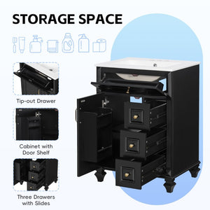 English Elm 24 Inch Freestanding Bathroom Vanity Rubberwood Cabinet with Ceramic Sink and Flip Drawer Black N725P499706B