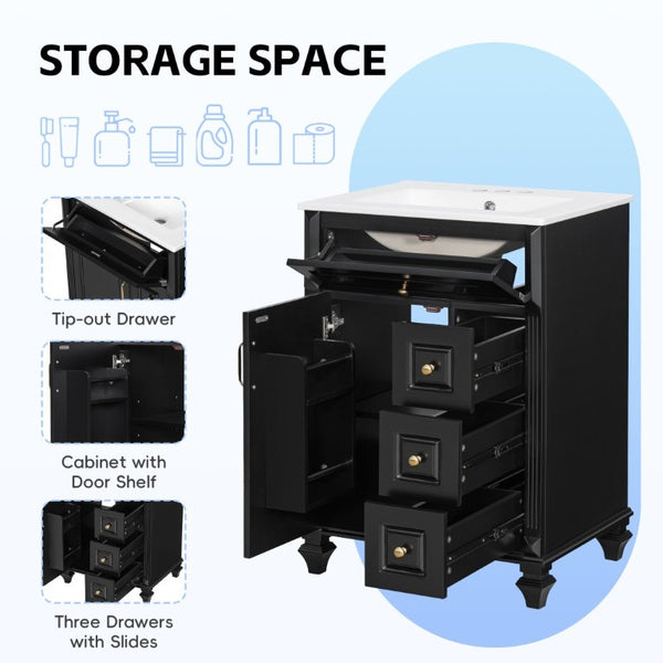 English Elm 24 Inch Freestanding Bathroom Vanity Rubberwood Cabinet with Ceramic Sink and Flip Drawer Black N725P499706B