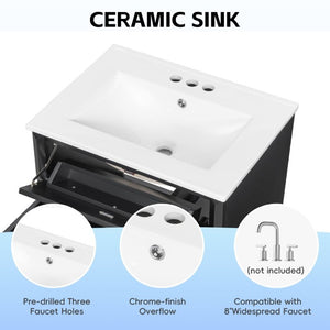 English Elm 24 Inch Freestanding Bathroom Vanity Rubberwood Cabinet with Ceramic Sink and Flip Drawer Black N725P499706B