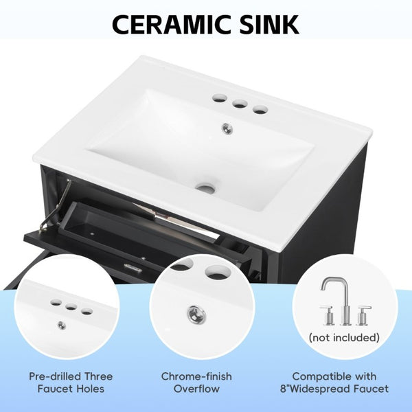 English Elm 24 Inch Freestanding Bathroom Vanity Rubberwood Cabinet with Ceramic Sink and Flip Drawer Black N725P499706B