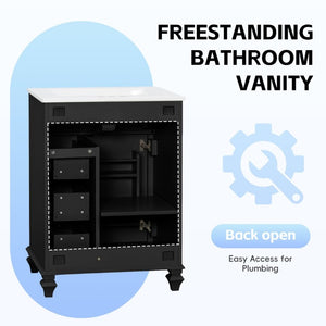 English Elm 24 Inch Freestanding Bathroom Vanity Rubberwood Cabinet with Ceramic Sink and Flip Drawer Black N725P499706B
