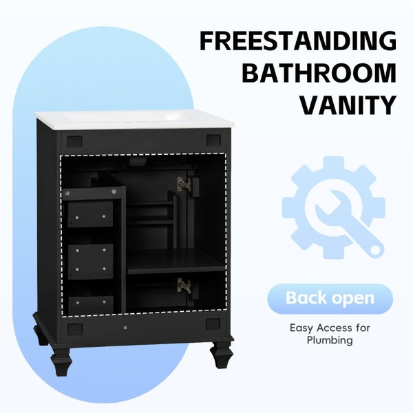 English Elm 24 Inch Freestanding Bathroom Vanity Rubberwood Cabinet with Ceramic Sink and Flip Drawer Black N725P499706B