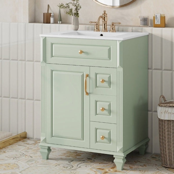English Elm 24 Inch Freestanding Bathroom Vanity Rubberwood Cabinet with Ceramic Sink and Flip Drawer Green N725P499706G