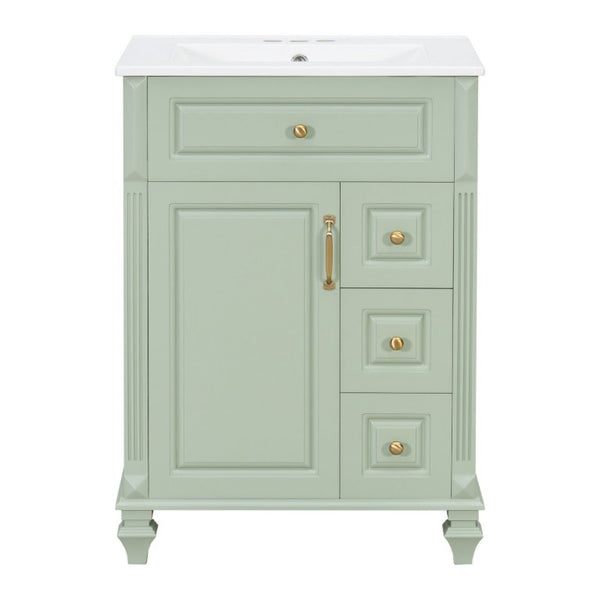 English Elm 24 Inch Freestanding Bathroom Vanity Rubberwood Cabinet with Ceramic Sink and Flip Drawer Green N725P499706G