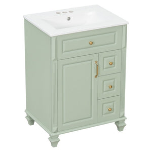 English Elm 24 Inch Freestanding Bathroom Vanity Rubberwood Cabinet with Ceramic Sink and Flip Drawer Green N725P499706G