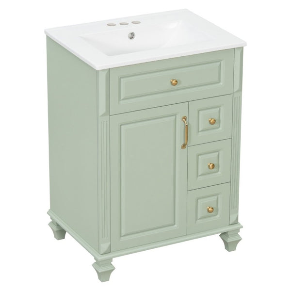 English Elm 24 Inch Freestanding Bathroom Vanity Rubberwood Cabinet with Ceramic Sink and Flip Drawer Green N725P499706G
