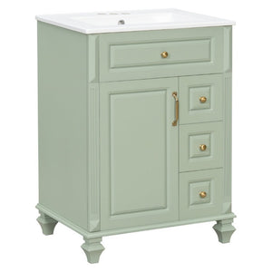 English Elm 24 Inch Freestanding Bathroom Vanity Rubberwood Cabinet with Ceramic Sink and Flip Drawer Green N725P499706G