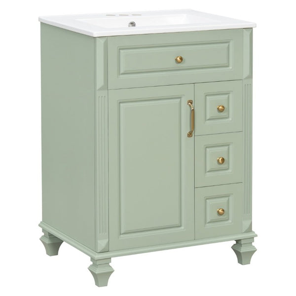 English Elm 24 Inch Freestanding Bathroom Vanity Rubberwood Cabinet with Ceramic Sink and Flip Drawer Green N725P499706G