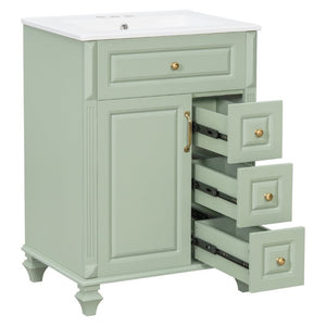 English Elm 24 Inch Freestanding Bathroom Vanity Rubberwood Cabinet with Ceramic Sink and Flip Drawer Green N725P499706G