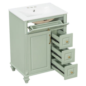 English Elm 24 Inch Freestanding Bathroom Vanity Rubberwood Cabinet with Ceramic Sink and Flip Drawer Green N725P499706G