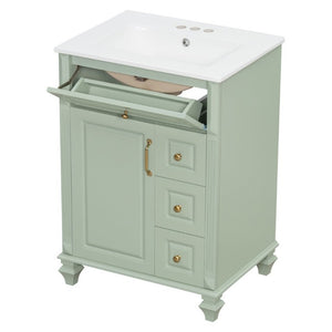 English Elm 24 Inch Freestanding Bathroom Vanity Rubberwood Cabinet with Ceramic Sink and Flip Drawer Green N725P499706G
