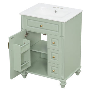 English Elm 24 Inch Freestanding Bathroom Vanity Rubberwood Cabinet with Ceramic Sink and Flip Drawer Green N725P499706G