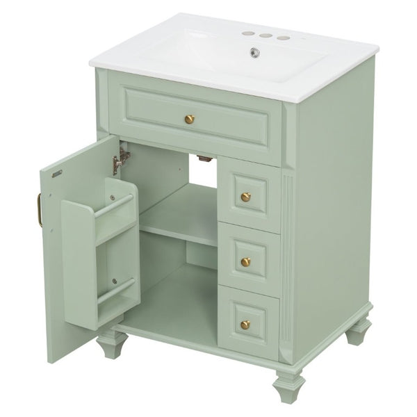 English Elm 24 Inch Freestanding Bathroom Vanity Rubberwood Cabinet with Ceramic Sink and Flip Drawer Green N725P499706G