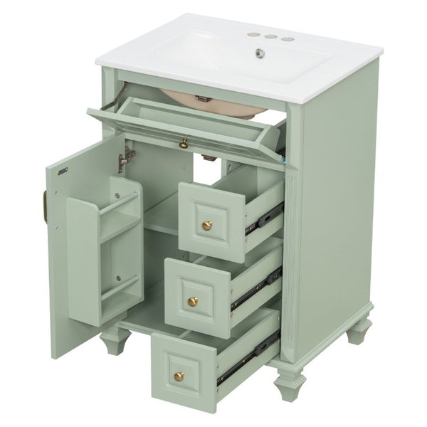 English Elm 24 Inch Freestanding Bathroom Vanity Rubberwood Cabinet with Ceramic Sink and Flip Drawer Green N725P499706G