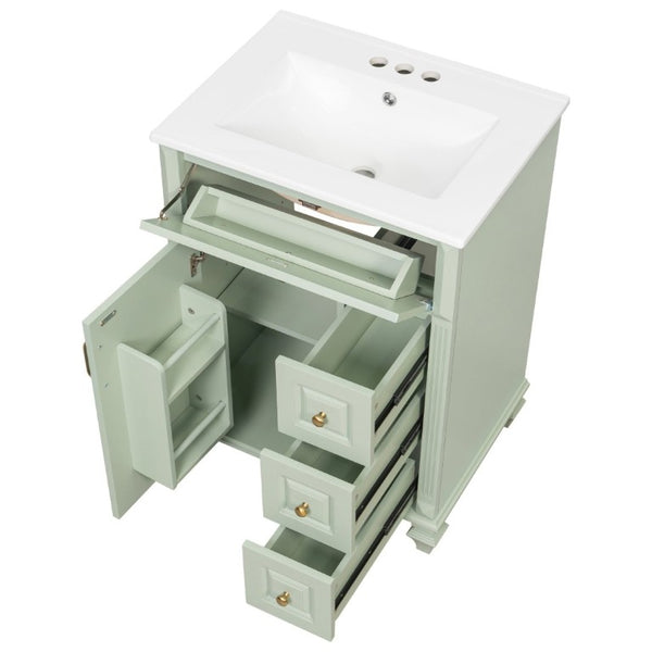 English Elm 24 Inch Freestanding Bathroom Vanity Rubberwood Cabinet with Ceramic Sink and Flip Drawer Green N725P499706G