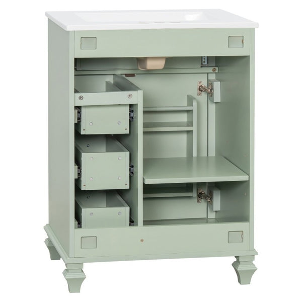 English Elm 24 Inch Freestanding Bathroom Vanity Rubberwood Cabinet with Ceramic Sink and Flip Drawer Green N725P499706G