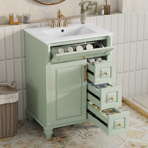 English Elm 24 Inch Freestanding Bathroom Vanity Rubberwood Cabinet with Ceramic Sink and Flip Drawer Green N725P499706G