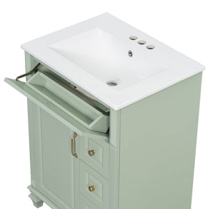 English Elm 24 Inch Freestanding Bathroom Vanity Rubberwood Cabinet with Ceramic Sink and Flip Drawer Green N725P499706G