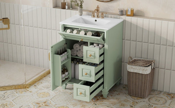 English Elm 24 Inch Freestanding Bathroom Vanity Rubberwood Cabinet with Ceramic Sink and Flip Drawer Green N725P499706G