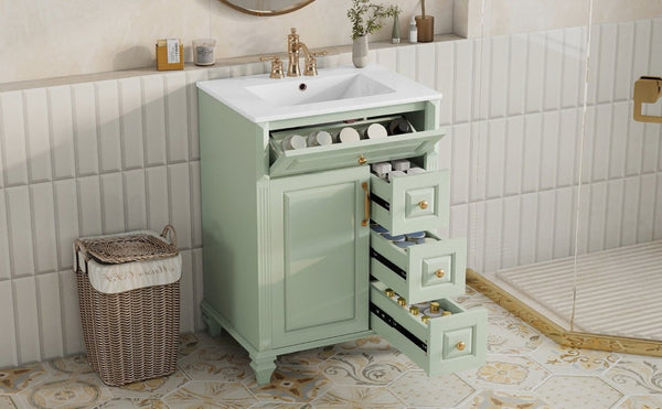 English Elm 24 Inch Freestanding Bathroom Vanity Rubberwood Cabinet with Ceramic Sink and Flip Drawer Green N725P499706G