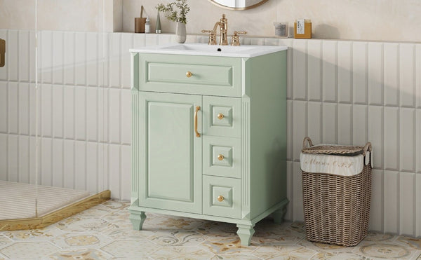 English Elm 24 Inch Freestanding Bathroom Vanity Rubberwood Cabinet with Ceramic Sink and Flip Drawer Green N725P499706G