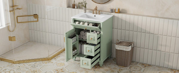English Elm 24 Inch Freestanding Bathroom Vanity Rubberwood Cabinet with Ceramic Sink and Flip Drawer Green N725P499706G