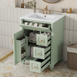 English Elm 24 Inch Freestanding Bathroom Vanity Rubberwood Cabinet with Ceramic Sink and Flip Drawer Green N725P499706G