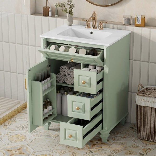 English Elm 24 Inch Freestanding Bathroom Vanity Rubberwood Cabinet with Ceramic Sink and Flip Drawer Green N725P499706G