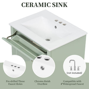 English Elm 24 Inch Freestanding Bathroom Vanity Rubberwood Cabinet with Ceramic Sink and Flip Drawer Green N725P499706G