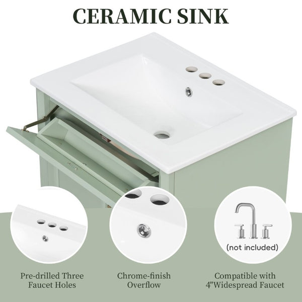 English Elm 24 Inch Freestanding Bathroom Vanity Rubberwood Cabinet with Ceramic Sink and Flip Drawer Green N725P499706G