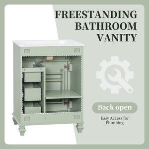 English Elm 24 Inch Freestanding Bathroom Vanity Rubberwood Cabinet with Ceramic Sink and Flip Drawer Green N725P499706G