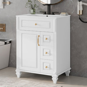 English Elm 24 Inch Freestanding Bathroom Vanity Rubberwood Cabinet with Ceramic Sink and Flip Drawer White N725P499706K